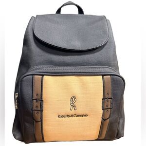 Roberta di Camerino Black and Tan Backpack with Front Logo Pocket